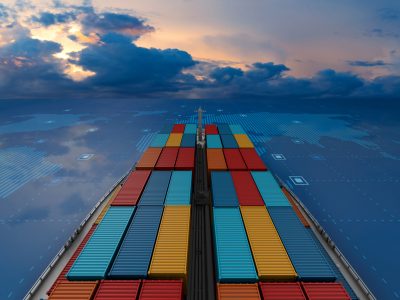 Container cargo ship in import export business logistic on digital world map, 3d rendering
