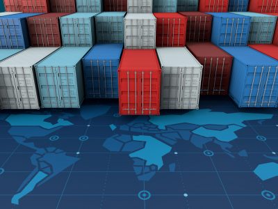 Container cargo ship in import export business logistic on digital world map, 3d rendering
